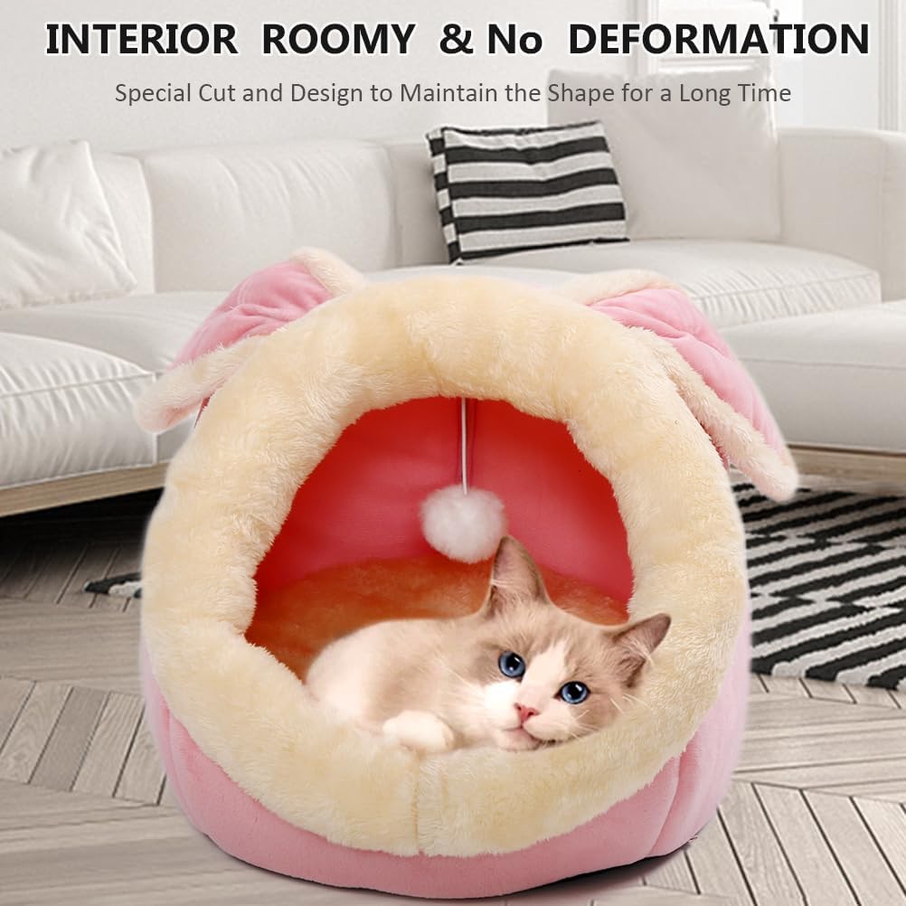 Lcybem Cat Beds for Indoor Cats - Rabbit-Shaped Cat Cave Bed with Hanging Toy,Super Soft Calming cat Tent for Kitten&Puppy,Small Dog,Warm Plush&Machine Washable&Removable Cotton Pad (Pink L)