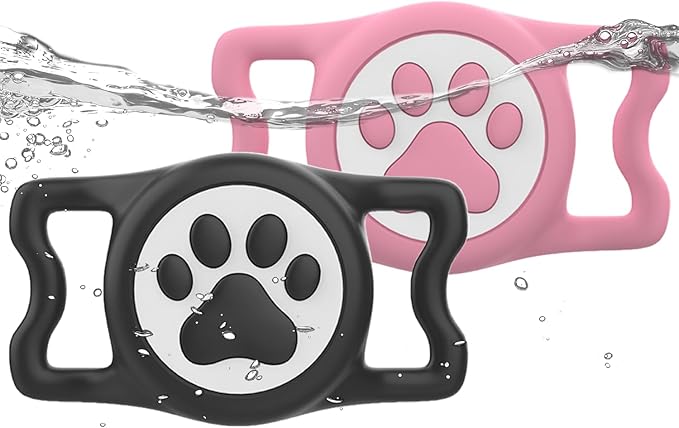 IP68 Waterpoof Dog Airtag Holder, Stretchy Silicone Full Body Covered Apple Air Tag Holder for Dog Cat Collar Fit All Width Collar (Black/Pink, 2 Pack)