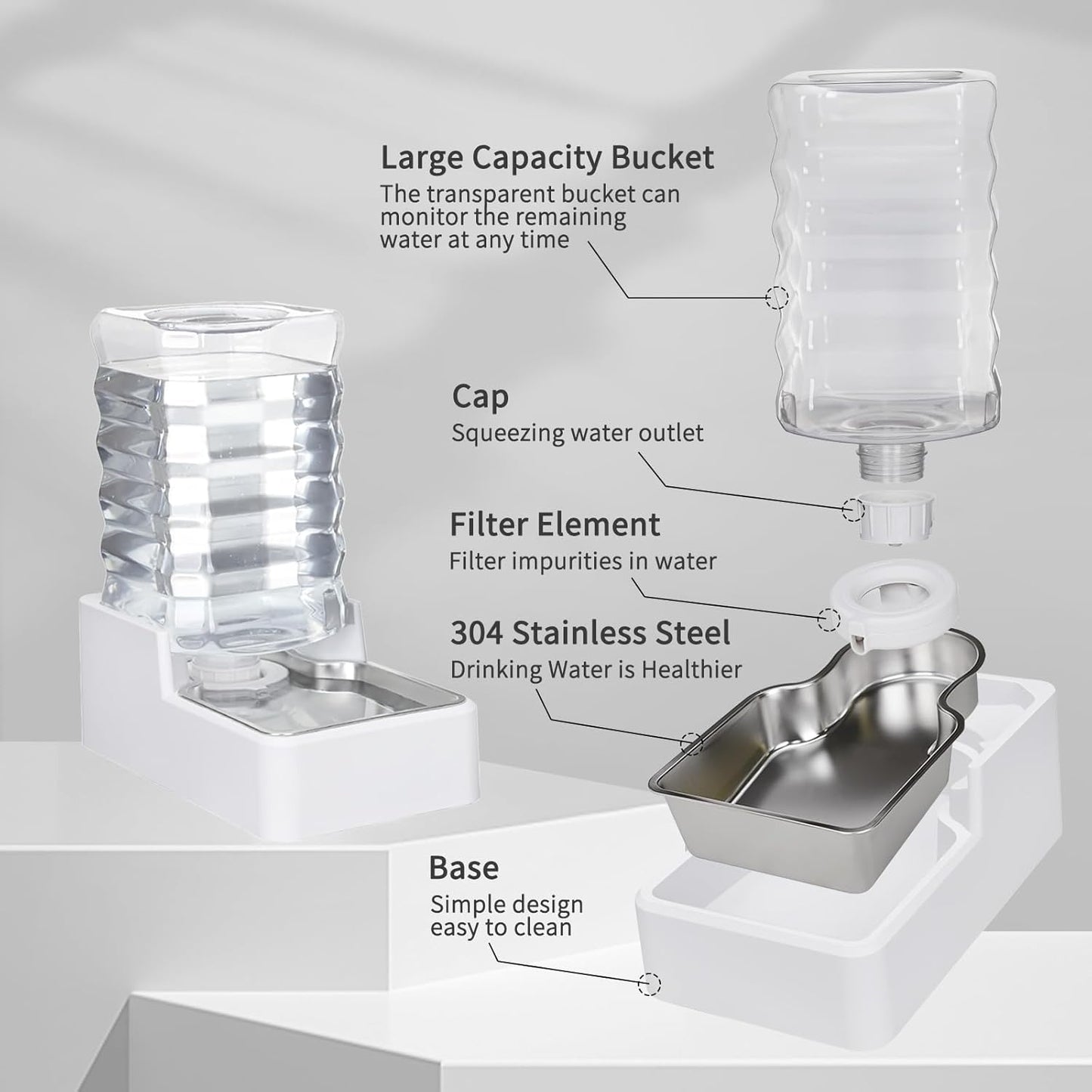 Automatic Dog and Cat Dispenser: 8L White Gravity Feeder with Stainless Steel Bowl - BPA-Free - No Spill Design for Cats and Dogs - Indoor and Outdoor Hydration