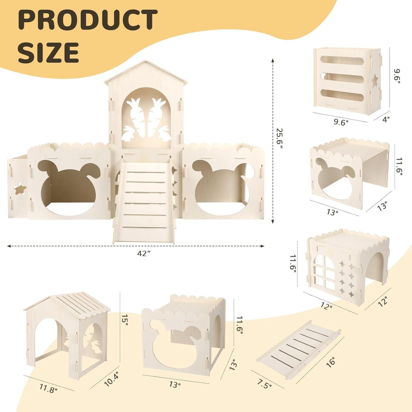 Large Rabbit Hideout Bunny Castle, Wooden Bunny House & Hay Feeder, Detachable Rabbit Hideaway, Indoor Rabbit Castle with Ramp, Small Animal Houses & Habitats