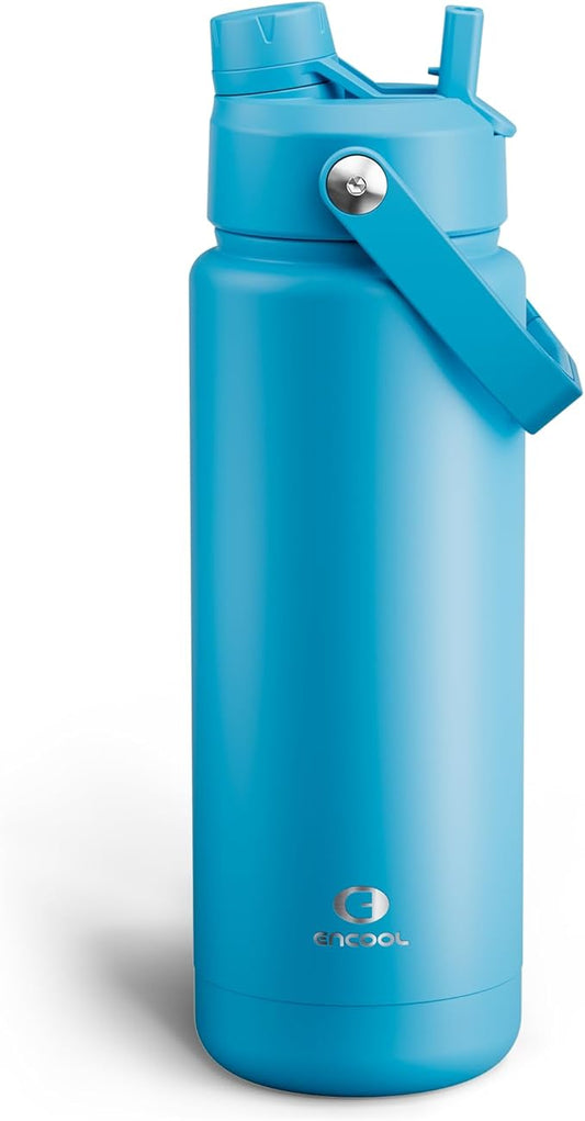 Insulated Water Bottle with Straw - Encool Stainless Steel Water Bottle, Leak-Proof, BPA-Free, Double Wall Vacuum Keeps Cold for 24 Hours for Sports, Travel, School (32 oz, Azure Blue)