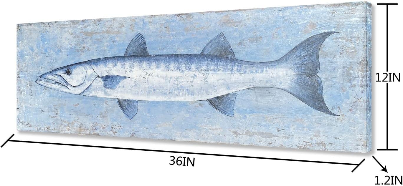 Yihui Arts Blue and White Fish Canvas Wall Art – Coastal Paintings with Textured for Living Room Bedroom Bathroom Decor