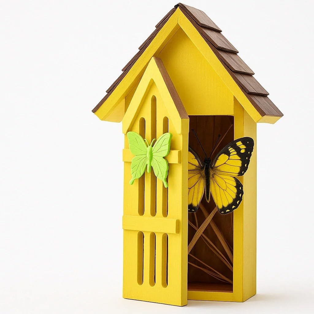 Shingle Roof Butterfly House for Outdoor, Insect House, Vintage Style Cedar Wood Bee House for Garden Outside, Open Door for Easy Cleaning Conservation.Shelter Hotel with Hooks for Hanging (Yellow)