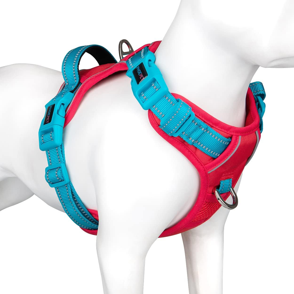 PHOEPET No Pull Dog Harness, Unique Colors Reflective Adjustable Dog Vest, with Soft Training Handle Metal Clips for Small Medium Large Dogs (Red Base & Teal Straps,M)