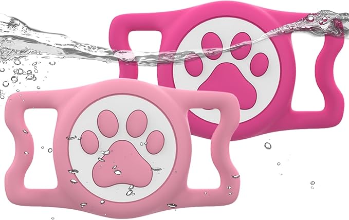 IP68 Waterpoof Dog Airtag Holder, Stretchy Silicone Full Body Covered Apple Air Tag Holder for Dog Cat Collar Fit All Width Collar (Pink/Rose, 2 Pack)
