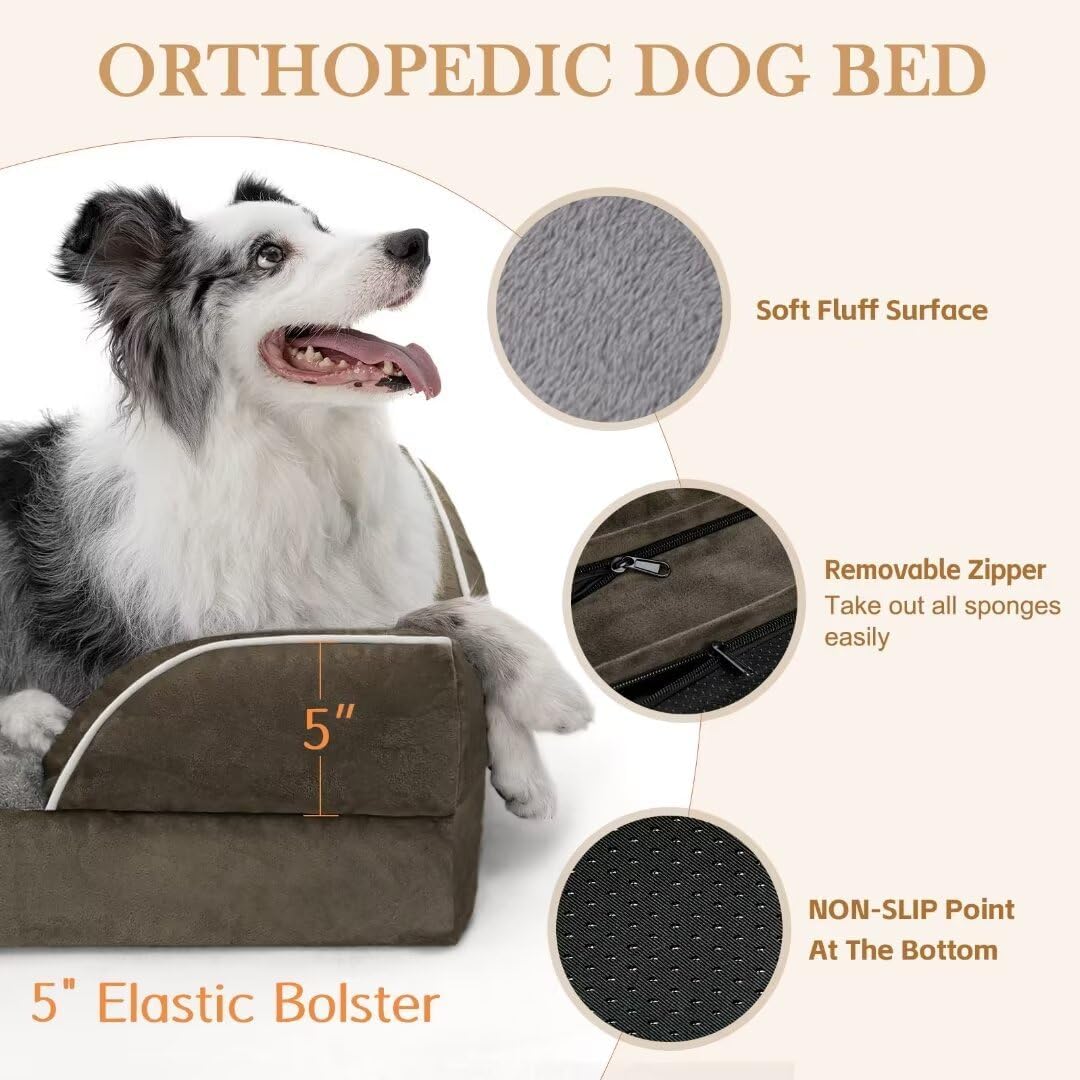 Comfort Expression Orthopedic Dog Beds for Extra Large Dogs, Memory Foam Dog Beds Jumbo Breed, Waterproof Dogs Beds with Bolster & Removable Cover(Olive Green)