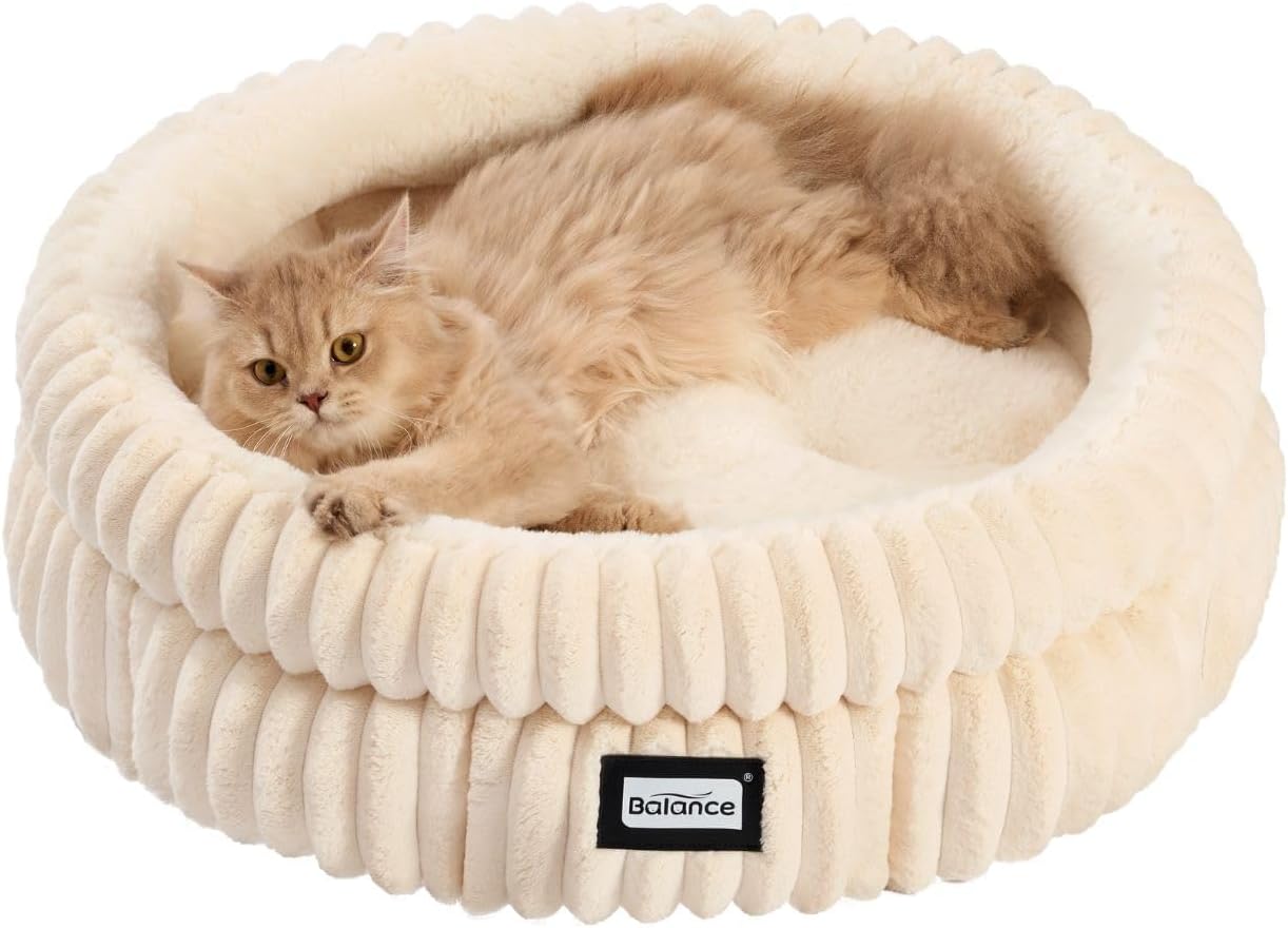 BALANCE Cat Bed Kitten Bed, Washable Round Cat Beds for Indoor Cats,Super Soft Plush Faux Fur Pet Bed for Puppy and Kitten with Anti-Slip Bottom