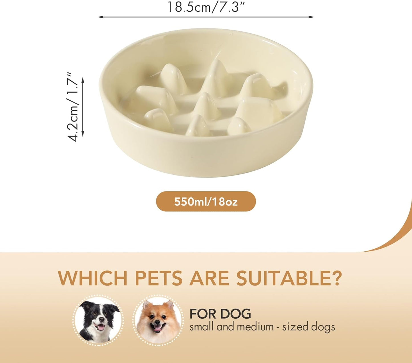 Ceramic 7.3 inch Dog Bowl Slow Feeder, Slow Pet Food Dish for Medium and Small Dog, Stop Bloat, Preventing Choking(Single Bowl, Beige)