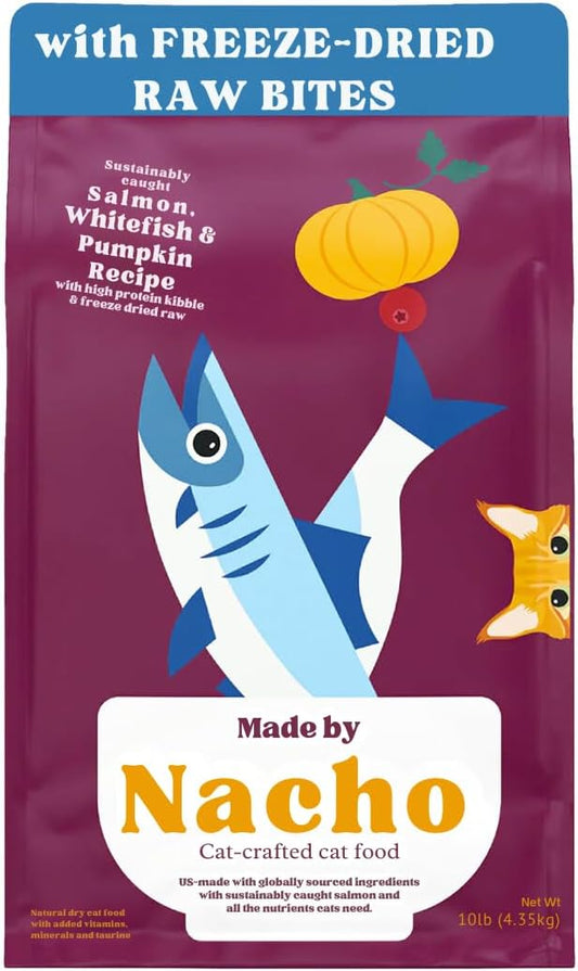 Made by Nacho Dry Cat Kibble 10lb Bag, High Protein Premium Cat Food with Freeze Dried Pieces, Sustainably-Caught Salmon, Whitefish & Pumpkin, Limited Ingredients, Single Bag