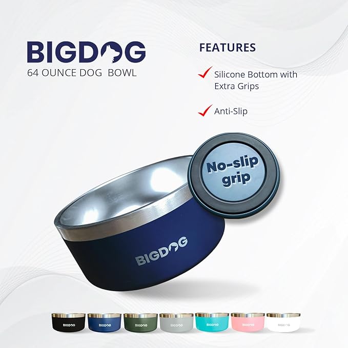 BigDog Dog Bowls, Dog Bowls for Large Dogs, Stainless Steel Dog Bowls, No Spill Dog Bowls, Dog Food and Water Bowl (64 Ounce, Black)