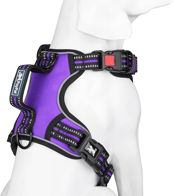 PoyPet No Pull Dog Harness, No Choke Front Clip Reflective Dog Vest with Soft Padded Vertical Handle, 3 Leash Attachments for Small Medium Large Dogs (Purple,S)