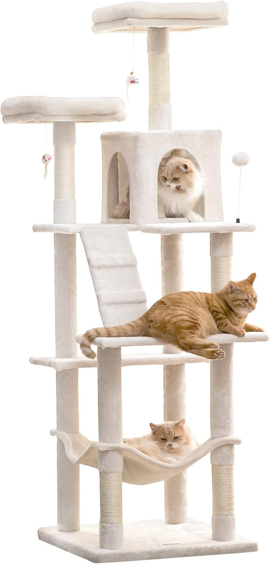MWPO 70.1-Inch Large Cat Tree, Multi-Level Tall Cat Tower for Indoor Cats, Plush Cat Condo with Big Padded Perches, Sisal-Covered Scratching Posts, Hammock, Toys for Kittens & Cats - Beige