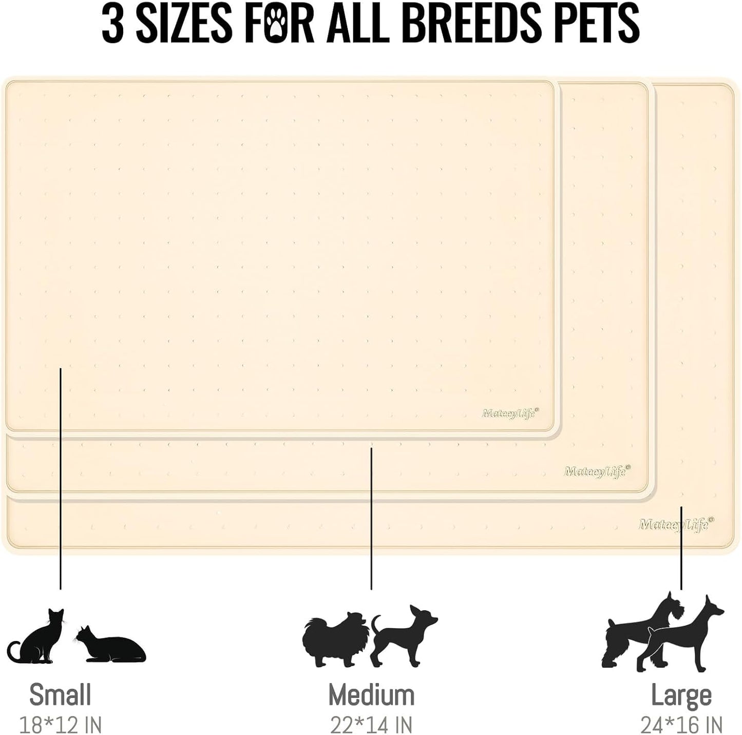 MateeyLife Dog & Cat Food Mat, Waterproof & Nonslip Silicone Feeding Mats for Dogs and Cats, Raised Edge Tray for Messy Drinkers, 18"x12", Beige