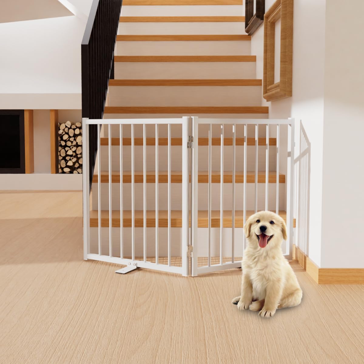 Full Metal Freestanding Dog Gate with Door, 24'' Height Foldable Pet Dog Fence for Indoor & Outdoor, 2 Panels Extra Wide Free Standing Small Dog Gates for Doorways,House,Stairs,Porch,Deck,Yard