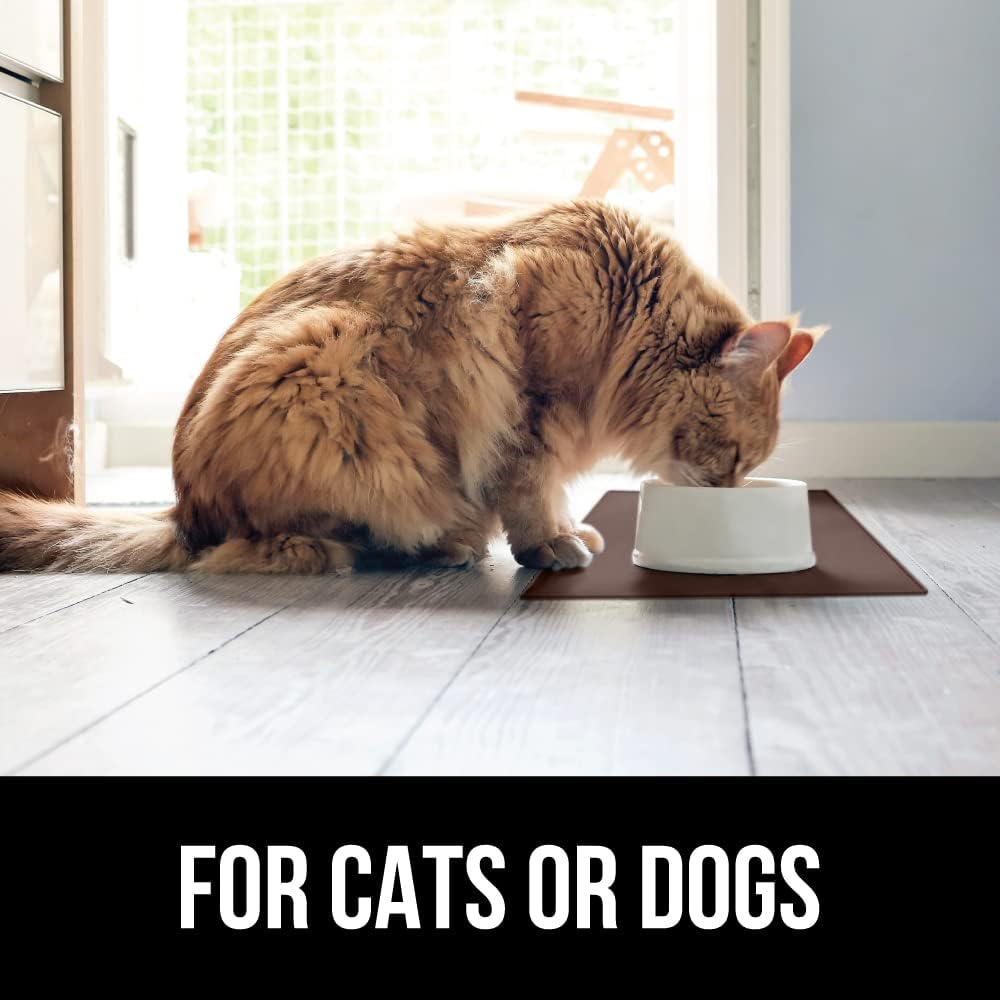 GORILLA GRIP 100% Waterproof Raised Edge BPA Free Silicone Pet Feeding Mat, Dog Cat Food Mats Contain Spills Protects Floors, Placemats for Cats and Dogs Water Bowl, Pets Accessories 32x24 Brown