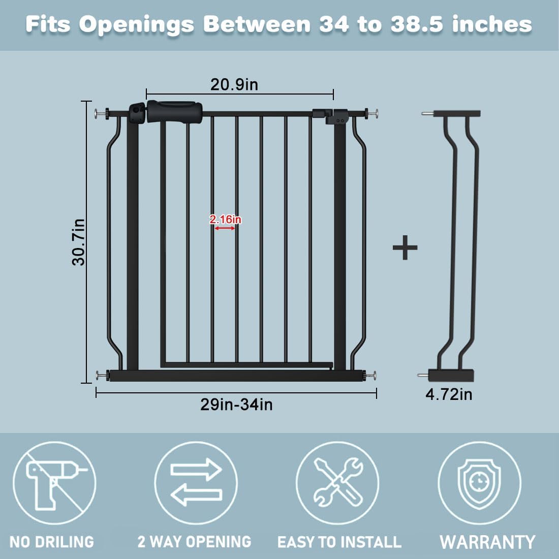 Extra Wide Baby Gate Black 34-38.5 Inch Wide Walk Through Pressure Mounted No Drill Long and Large Tension Metal Gate for Dog and Toddler