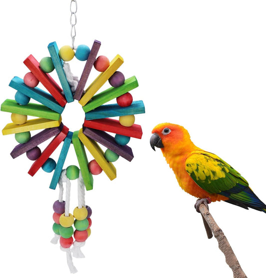 Parrot Hanging Chew Toy Bird Bite Swing with Colorful Wood Beads Bells for Parrot Macaw African Greys Cockatiels Cage Accessories (Colorful Wood Toy)