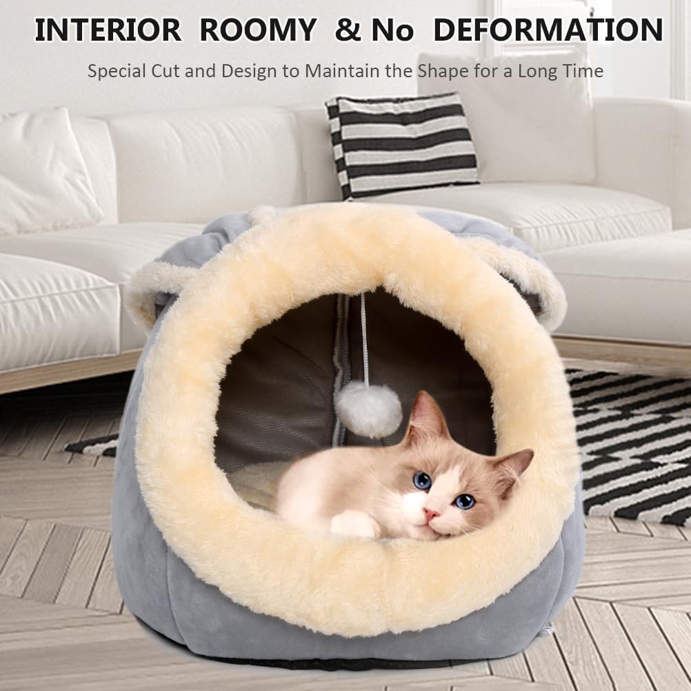 Cat Beds for Indoor Cats - Rabbit-Shaped Cat Cave Bed with Hanging Toy,Super Soft Calming Pet Bed for Kitten&Puppy,Small Dog,Warm Plush&Machine Washable&Removable Cotton Pad,Cat Hideaway(Grey L)