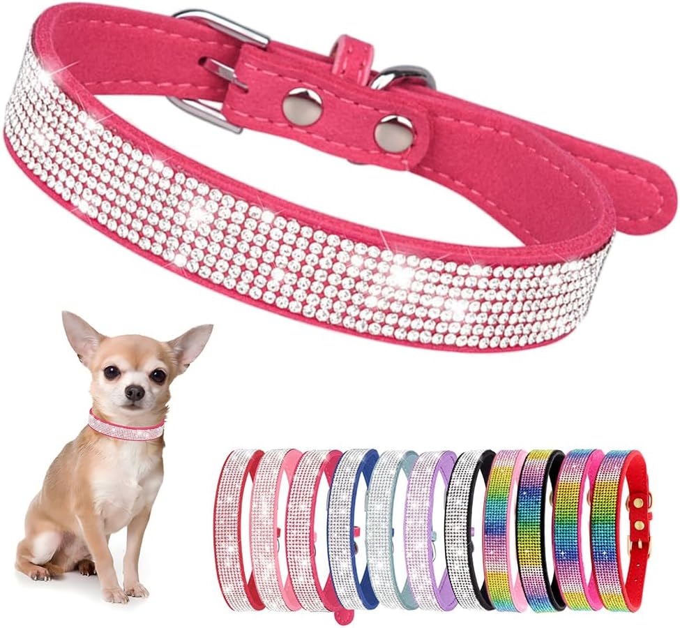 Rhinestone Dog Collar for Small Dogs, Bling Diamond Fancy Crystal Glitter Pretty Jewel Pet Puppy Collars for XXS XS Small Medium Large Breed Girl Dogs Female Cats Kitten, Hot Pink L