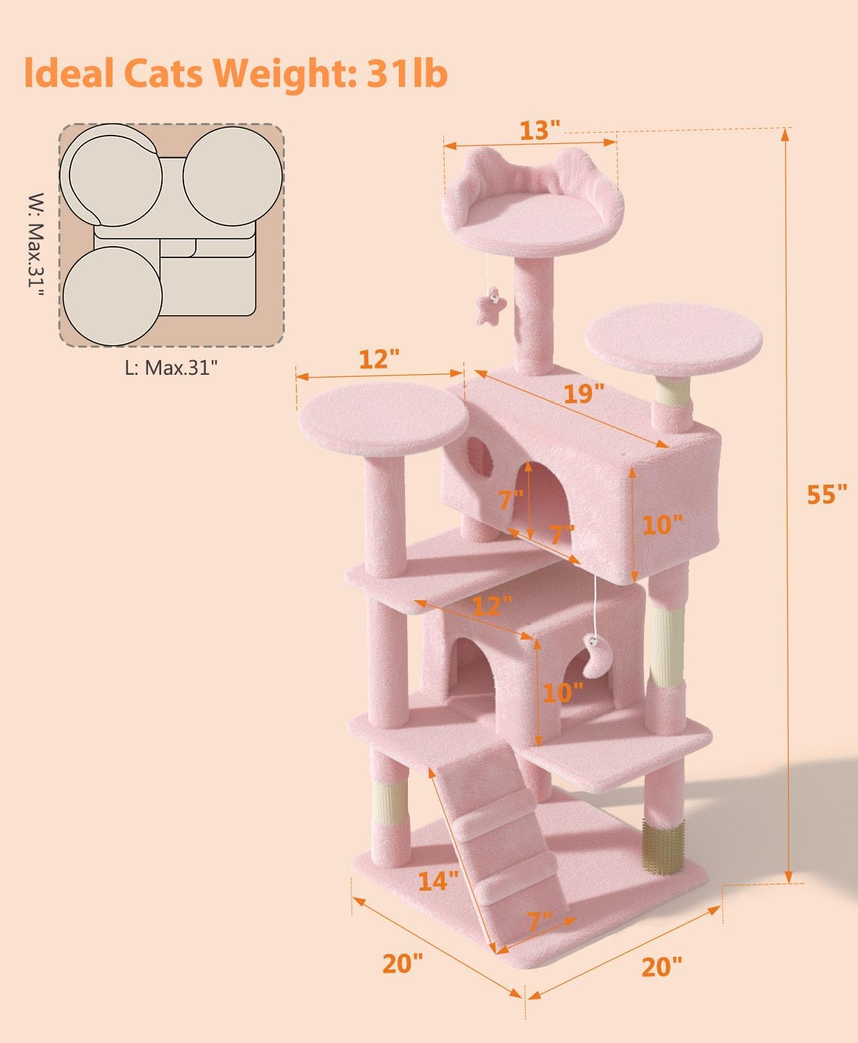 54" Cat tree Tower for Indoor Cats Large Adult,Cute/Tall Modern Cat Tree for Big Cats 20 lbs,Plush Multi-Level Cat Condo with Scratching Posts, Dangling Ball for fun play (Soft Pink, 54 inch)