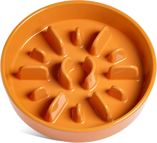 LE TAUCI Slow Feeder Dog Bowls Ceramic,3 Cups Slow Feeding Dog Bowl Medium Large Breed, Pet Bowl for Fast Eaters, Puzzle Pet Dishes,Sun Orange