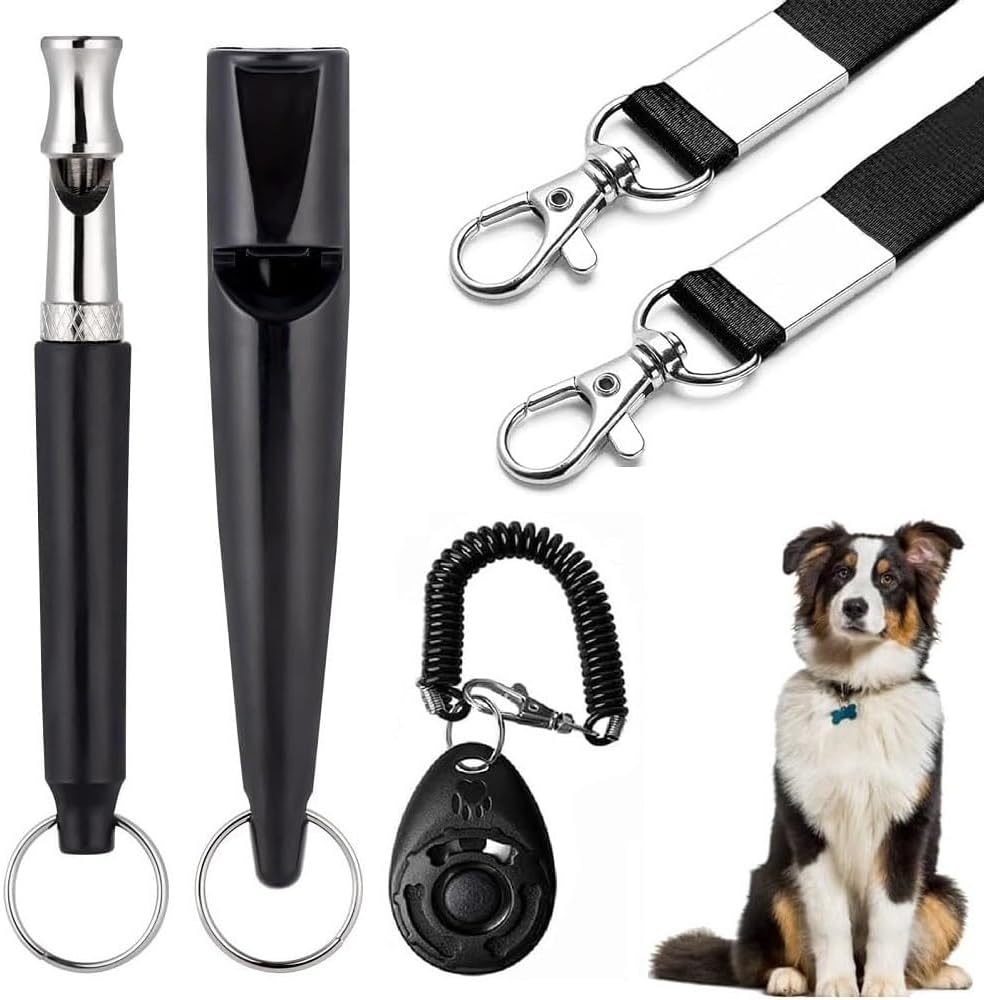 3 PCS Dog Whistles Set, Adjustable Recall Dog Training Whistle Silent Dog Whistle to Stop Barking with Lanyard,Dog Clicker(Black)