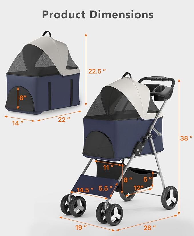 Pet Stroller with 4 Wheels for Small/Medium Pets,Travel Foldable Detachable Carrier for Dog Cat Cage Jogger Stroller, Rear Wheel Breaks, Storage Basket, Visible Mesh Weather Cover (Navy Blue)