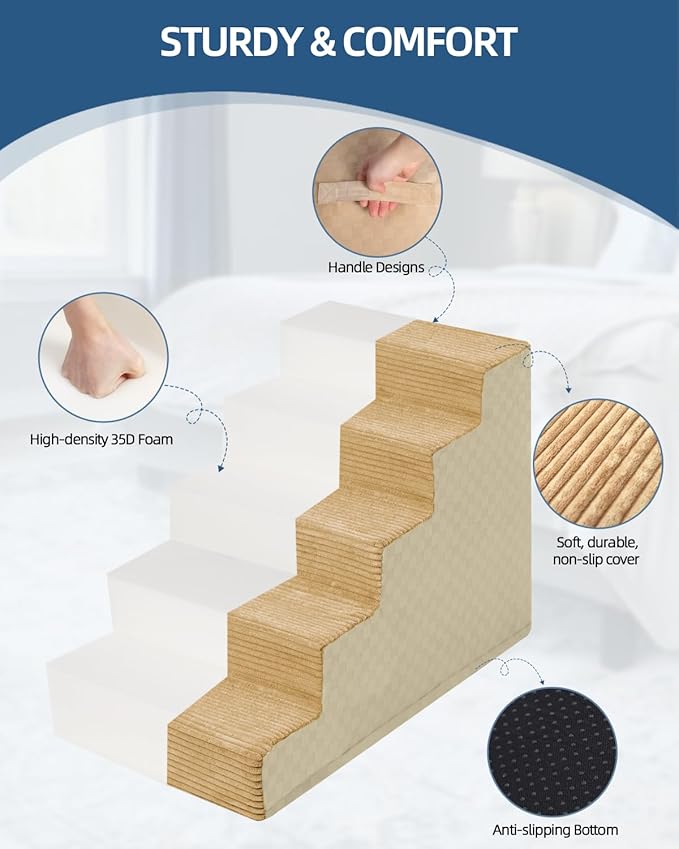 Dog Stairs for Small Dogs,22" H,5-Step Dog Steps for Bed and Couch with High Density Foam,Non-Slip Pet Steps for Doggy and Cat,Pet Stairs with a Washable Cover,Khaki