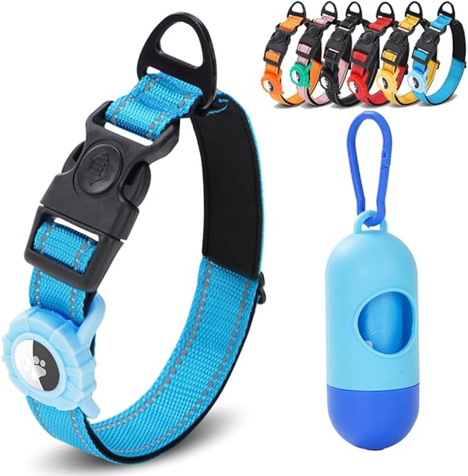 JSXD AirTag Dog Collar, Night Reflective Nylon Dog Collar for Small Medium Large Dogs,Lockable Quick Release Buckle,Padded Breathable Pet Collar with AirTag Holder (Blue, Large)