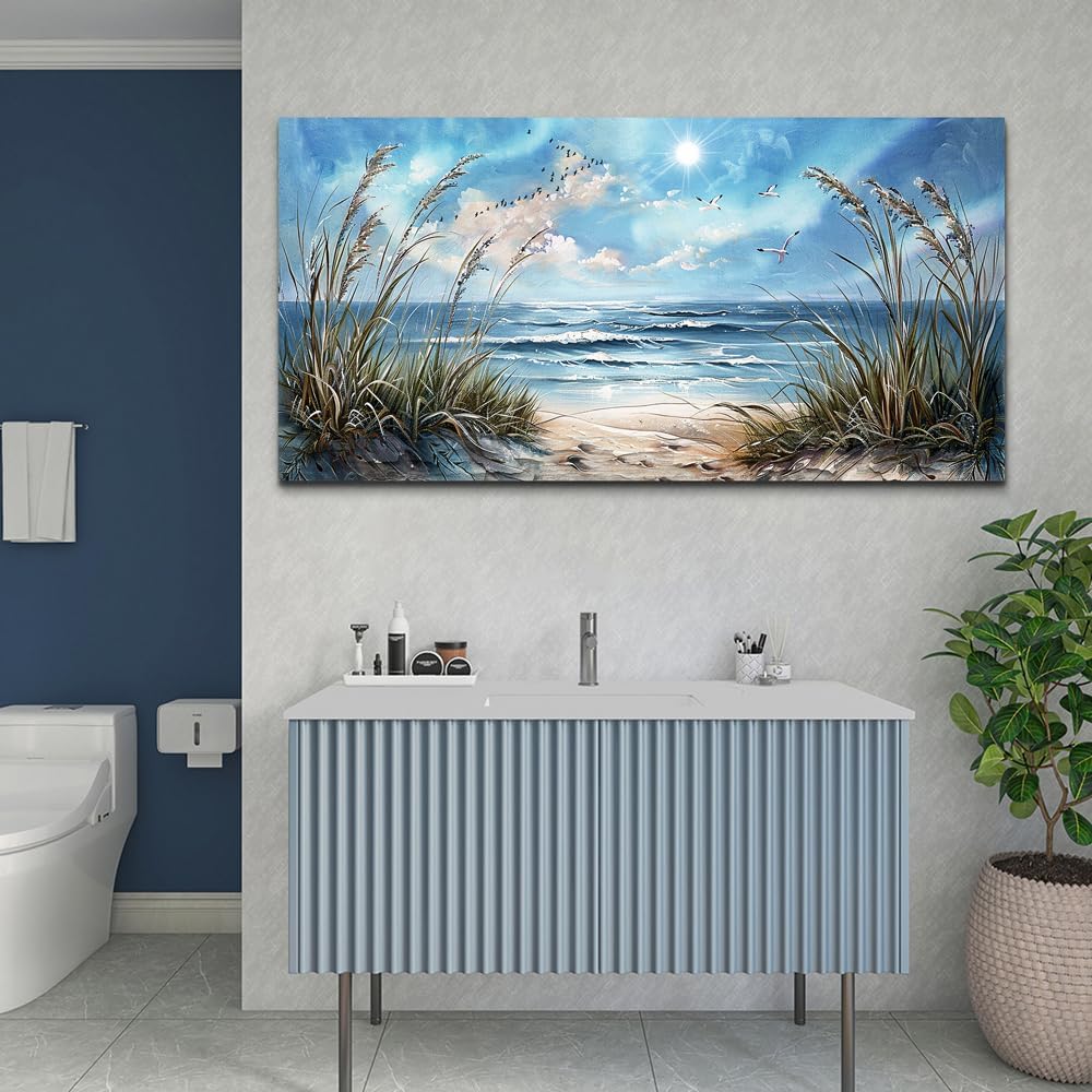 hyidecorart Large Wall Art For Living Room Wall Decor For Bedroom Sunshine Ocean Scenery Painting Blue Sea Waves Wall Pictures Office Modern Canvas Prints Artwork Aesthetic Home Decoration 48"X 24"