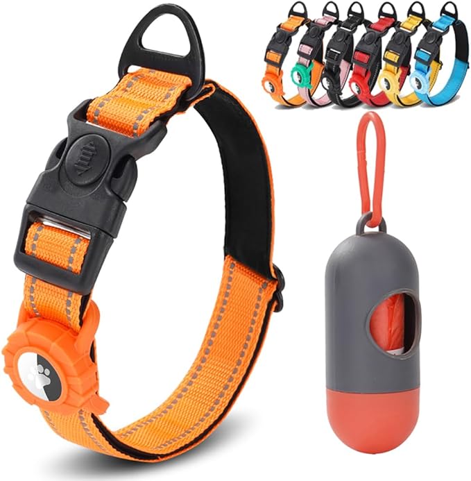 JSXD AirTag Dog Collar, Night Reflective Nylon Dog Collar for Small Medium Large Dogs,Lockable Quick Release Buckle,Padded Breathable Pet Collar with AirTag Holder (Orange, Small)