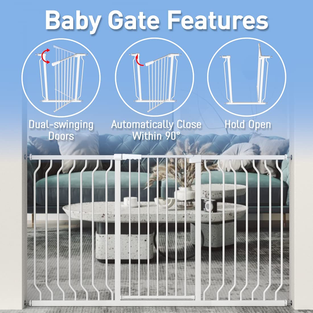 WAOWAO Extra Tall 40.55" Baby Gate 73.62-80.70" Wide Pressure Mounted Walk Through Swing Auto Close Safety White Metal Toddler Child Dog Pet for Indoor Stairs,Doorways,Kitche