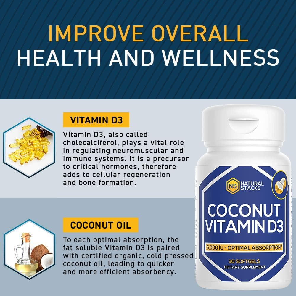 NATURAL STACKS Vitamin D 5000 IU Supplement - with Coconut Oil for Optimal Absorption - Vitamin D Pills for Immunity & Cell Growth - D3 125mcg Cholecalciferol Supplement - 30 D3 Servings