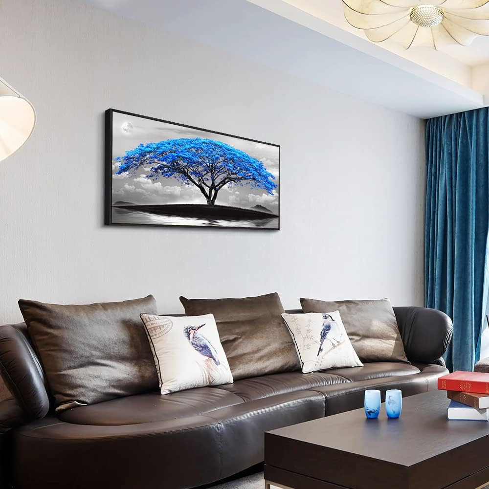 Framed Canvas Wall Art For Office Large Size Living Room Wall Decor Bedroom Decor Wall Pictures Artwork Black And White Landscape Blue Tree Moon Wall Painting Home Decorations Black Frame 24" X 48"