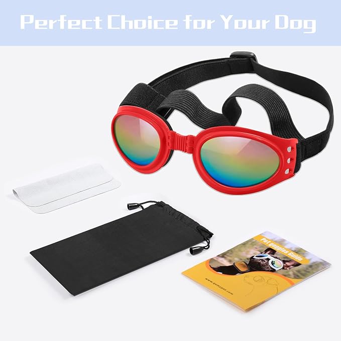 QUMY Dog Sunglasses Dog Goggles for Medium Large Breed Dogs, Wind Dust Fog Protection Eye Wear Pet Glasses with Adjustable Strap for Motorcycle Car Driving Bike Riding Hiking Swimming Over 15lbs Red