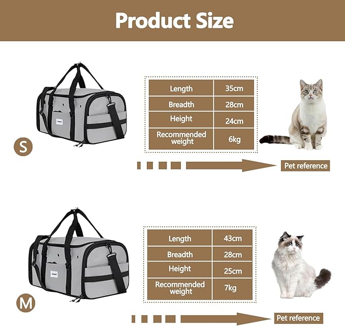 Pet Carrier Bag, Foldable Cat Bag Airline Approved, Soft-Sided Cat Travel Bag, Washable Dog Carrier Privacy Protection for Home Outdoor Travel(S, Grey)