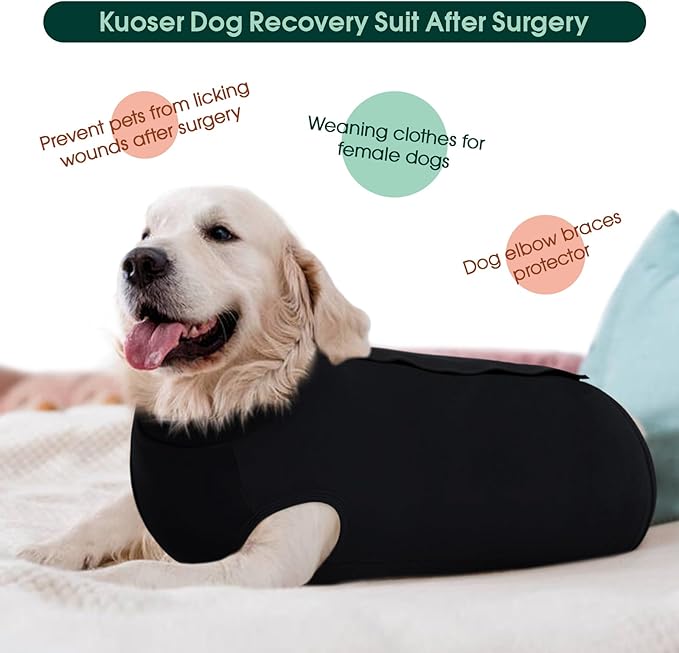 Kuoser Dog Surgery Suit Female Spay Male Neuter, Dog Leg Sleeve to Stop Licking Soft Dog Onesie for Abdominal Wound, Dog Recovery Suit Rear Leg Sleeves Pet Elbow Brace Protector, Black 3XL