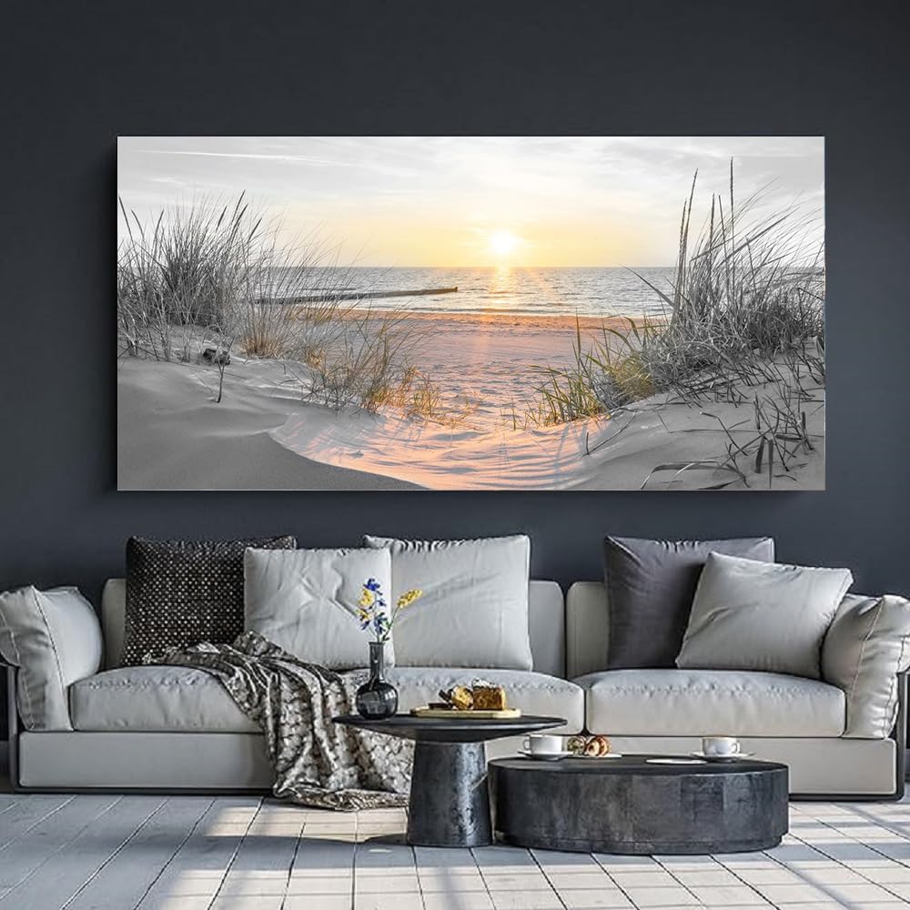 Yxbhhym-Black and White Beach Wall Art Decor for Living Room Sunset Coastal Wall Décor Large Picture Ocean Room Decor Seascape Artwork Sea Scene Painting Print Framed Office Bedroom Decorations