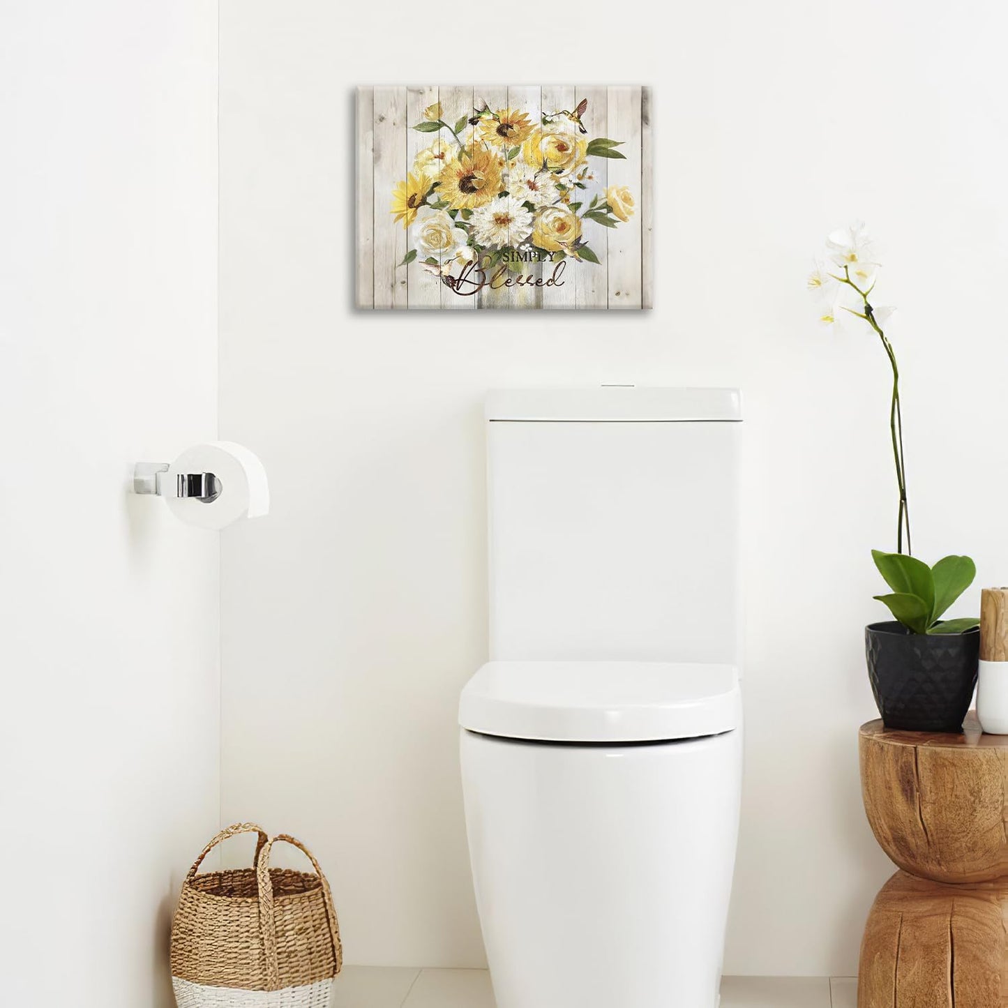 Sunflower Bathroom Pictures Wall Art, Simple Blessed Floral Bathroom Wall Decor, Flower Framed Painting Canvas Artwork for Bedroom Living Room Decorations 16"L x 12"W