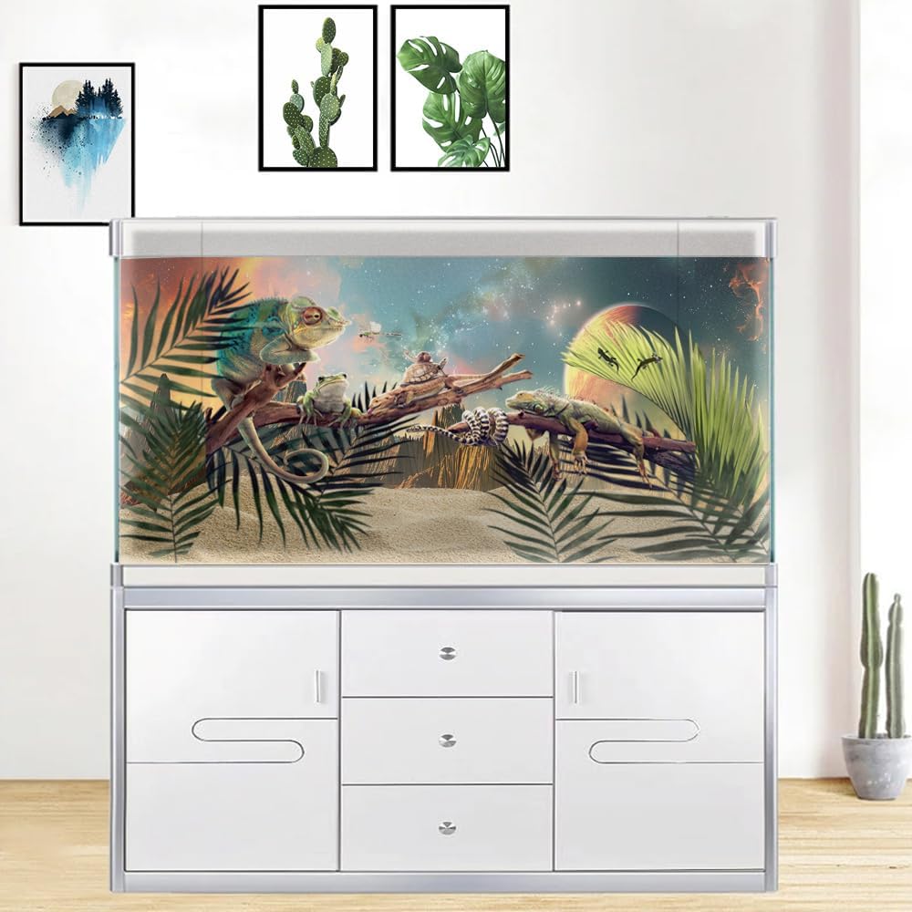 Cosmic Aquarium Background,Cool Galaxy Parallel Space Themed Fish Tank Background, Tropical Desert Terrarium Background 24X12IN with 8 EVA Double-Sided Tape