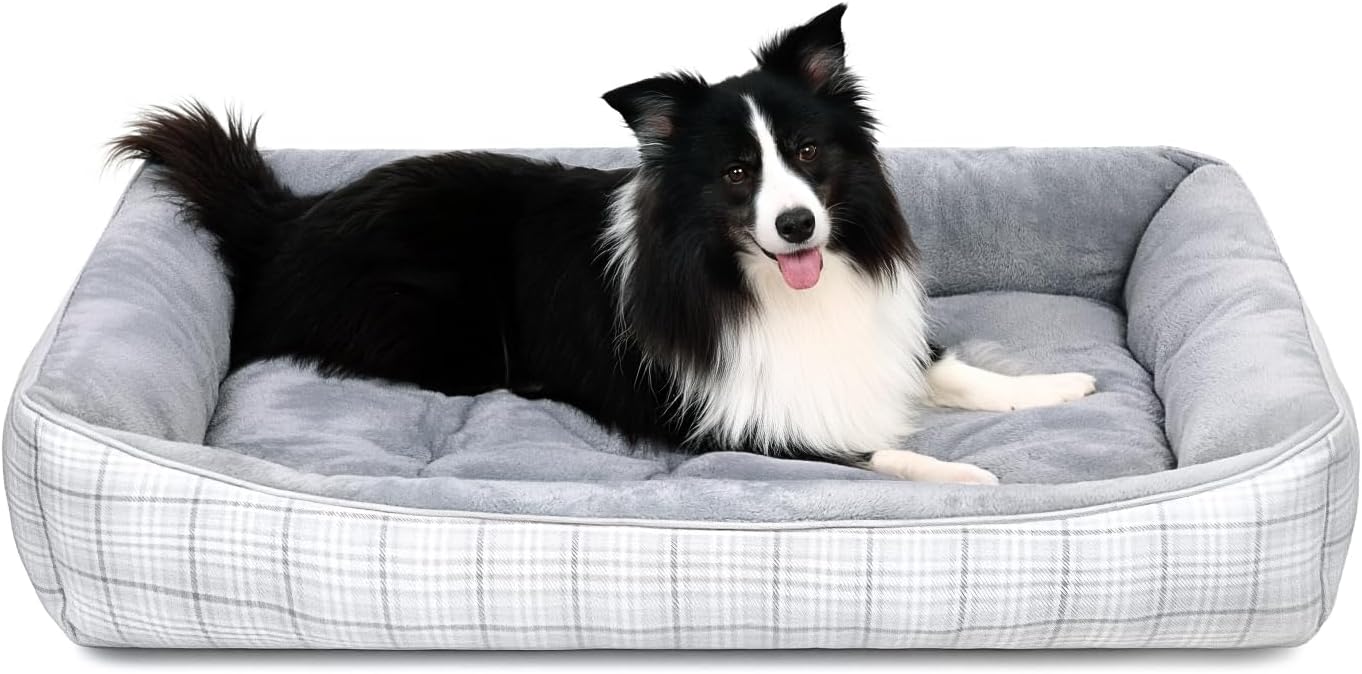 MIHIKK Rectangle Dog Beds for Extra Large Dogs & Cats, Orthopedic Sleeping Pet Bed for Couch with Durable Puppy Cuddler and Anti-Slip Bottom Machine Washable 44 * 30 Inch (Gray)