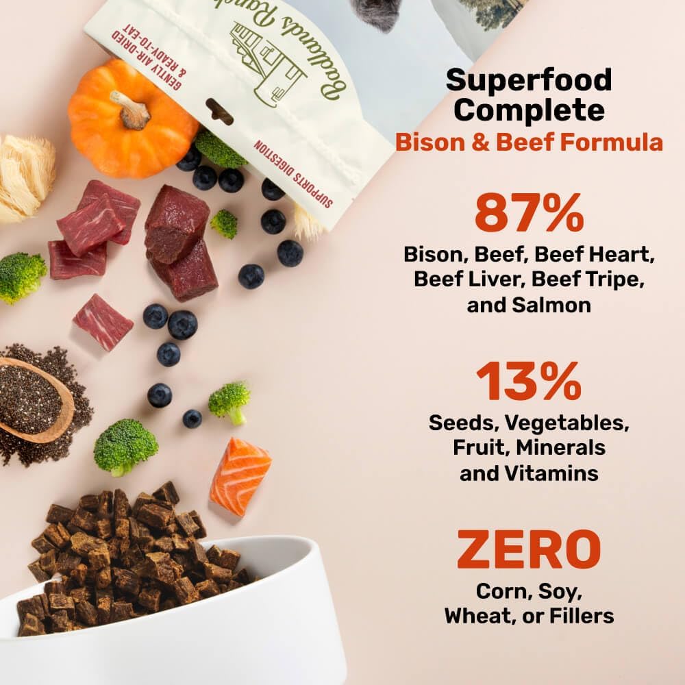 BADLANDS RANCH - Superfood Complete, Air-Dried Adult Dog Food - High Protein, Zero Fillers, Superfood Nutrition by Katherine Heigl (24 oz, Beef & Bison Formula)