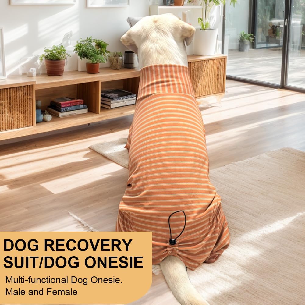 Dog Pyjamas PJS Sweater Clothes and Home Clothing Suitable for Small to Medium Breeds of Dogs, Dog Neutering Suits, Extra-Large Stretch Fabric, Four-Legged (Thickened Orange Stripes, L)