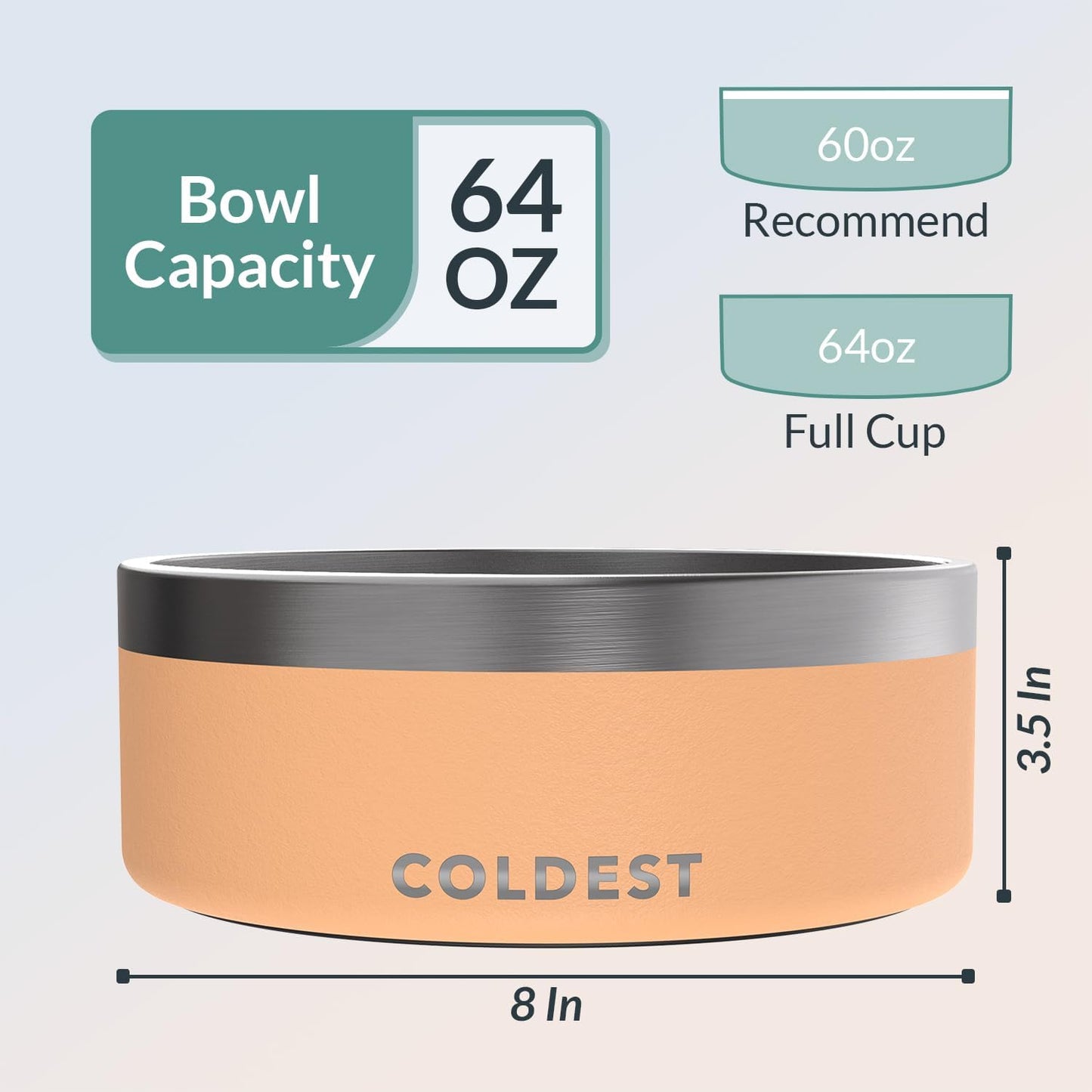 Coldest Dog Bowl - Anti Rust Metal, Non Slip, 3 Layers Insulated Stainless Steel Dog Bowls - Spill Proof & Heavy Duty - Water Bowl for Dogs, Cats & Pets, Dish Washer Safe (64 oz, Sahara Peach)