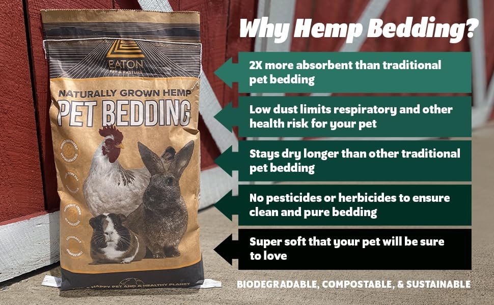 Naturally Grown Hemp Pet Bedding for Chickens, Nesting Boxes, Rabbits, Hamsters, Small Pets, Highly Absorbent, Hypoallergenic, Eco-Friendly, Farmer Owned 33LB