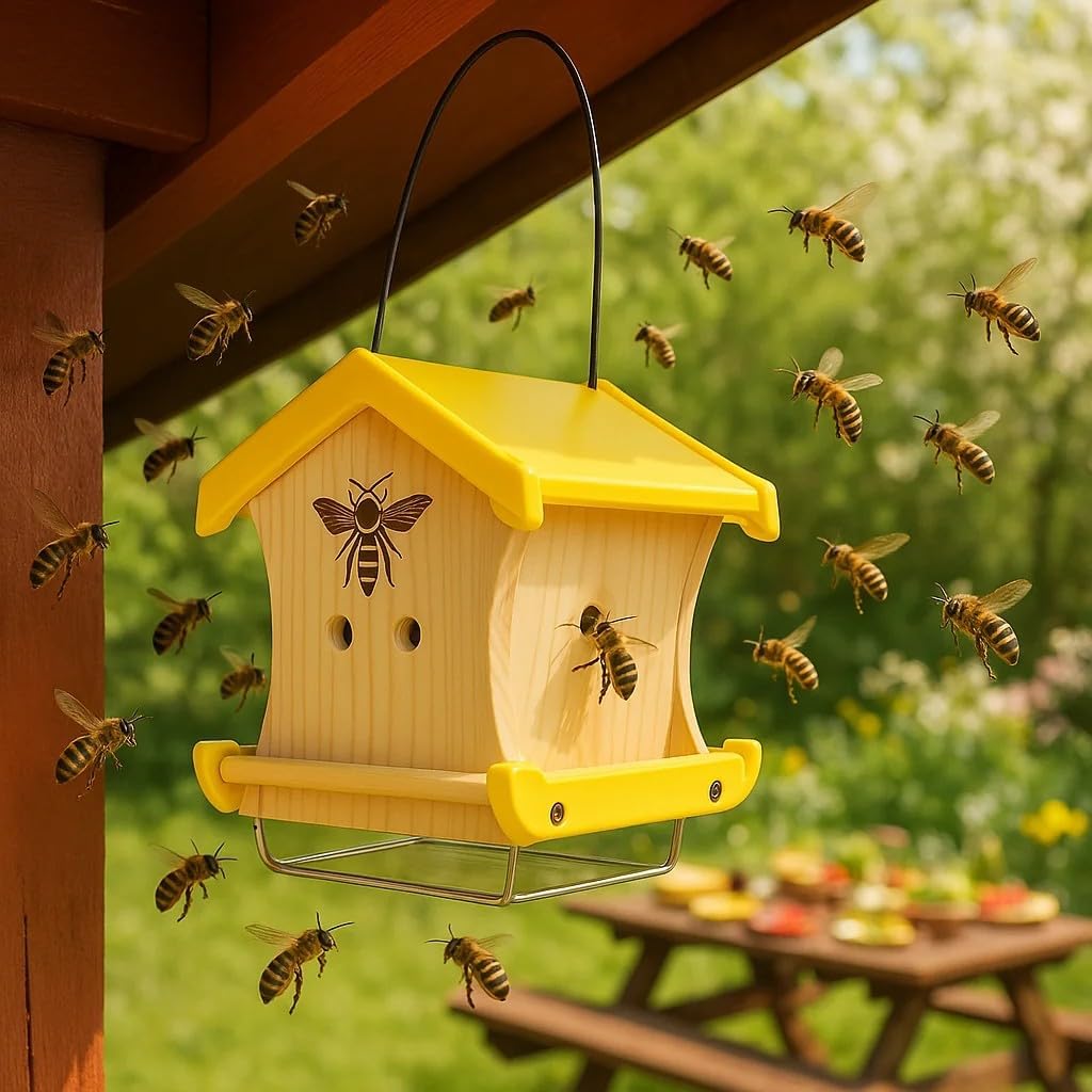 Carpenter Bee House for Outside, Wood Beetrap for Outdoors Insect House Hotel for Garden Stainless Cable Bee Box Without Bottle 2025 New Heavy Duty