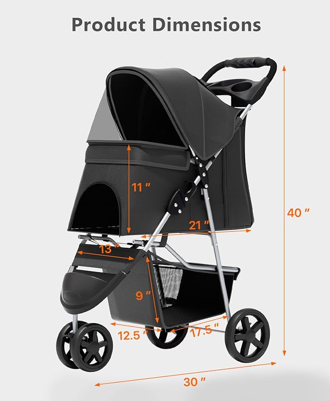 Pet Stroller with 3 Wheels for Small/Medium Pets, Portable Travel Foldable Carrier Jogger for Dog Cat Puppy Kitty, Rear Wheel Breaks, Storage Basket, Visible Mesh with Weather Cover (Black)