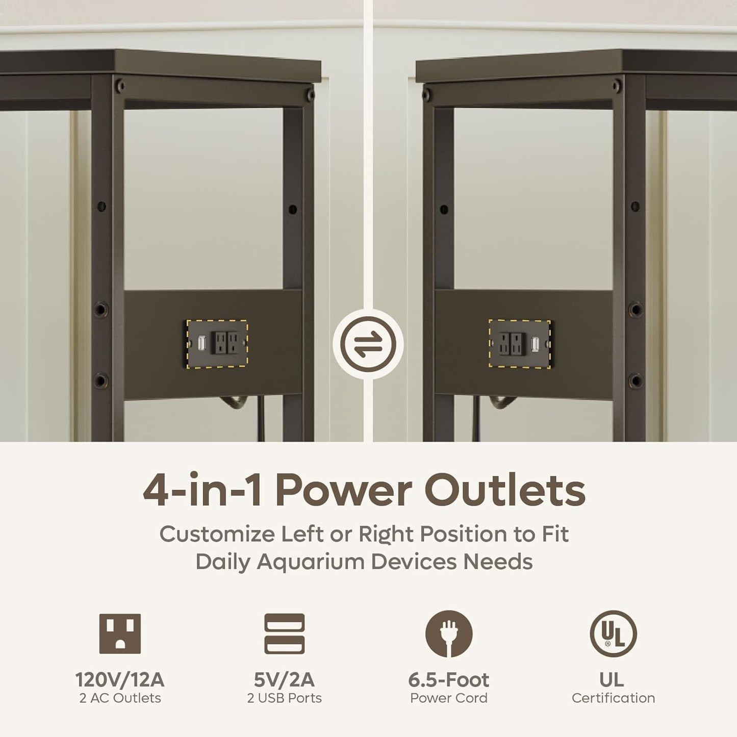 Bestier 20-29 Gallon Fish Tank Stand with Power Outlets, Metal Long Aquarium Stand with Storage Cabinet, 31x15 Reptile Terrarium Stand with Horizontal Gold Line, Stainless Hooks, 350 Lbs(Black)