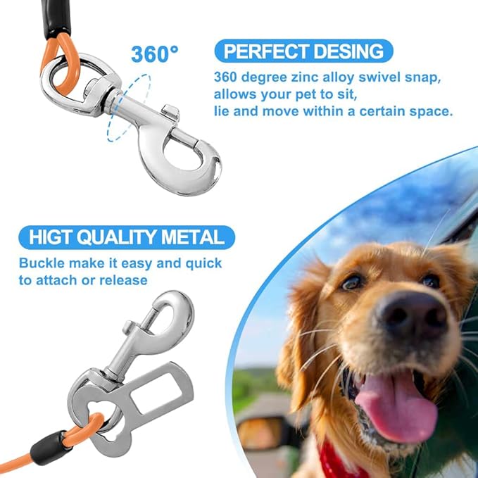 Dog Seat Belt Harness for Car,Dog Seatbelt of Coated Wire Leash Safety Restraint,No Chew Tether Cable Vehicle Dogs Accessories,Double Clips & Latch (Orange, 16 inch/40 CM)