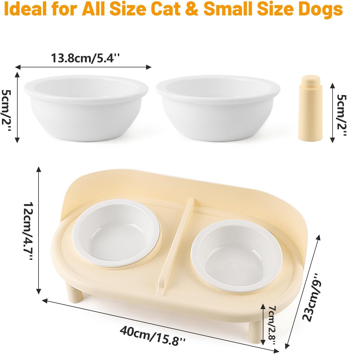 Elevated Cat Bowls, Tilted Rised Cat Food and Water Bowl with 2 Pcs Ceramic Pet Bowls, Rised Stand, Pet Dish Anti Vomiting Feeding Station for All Sized Cats & Small Dogs (Milk Coffee)
